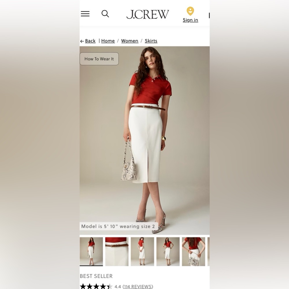 JCREW pencil midi skirt in four-season stretch, new with tags, size 0, ivory